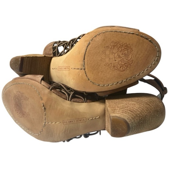 VINCE CAMUTO Sandals 8.5 Tan Leather Strappy Cage Ankle Buckle Stacked Cone Heel - Picture 11 of 12